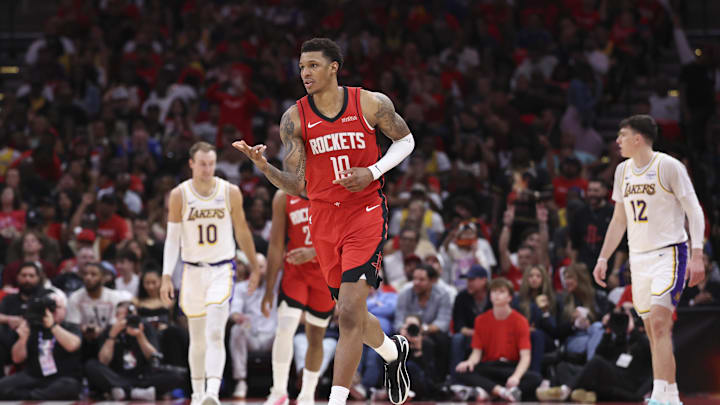 Apr 26, 2026; Houston, Texas, USA; Houston Rockets forward Jabari Smith Jr. (10) reacts after scoring a basket during the third quarter against the Los Angeles Lakers during game four of the first round of the 2026 NBA Playoffs at Toyota Center. Mandatory Credit: Troy Taormina-Imagn Images