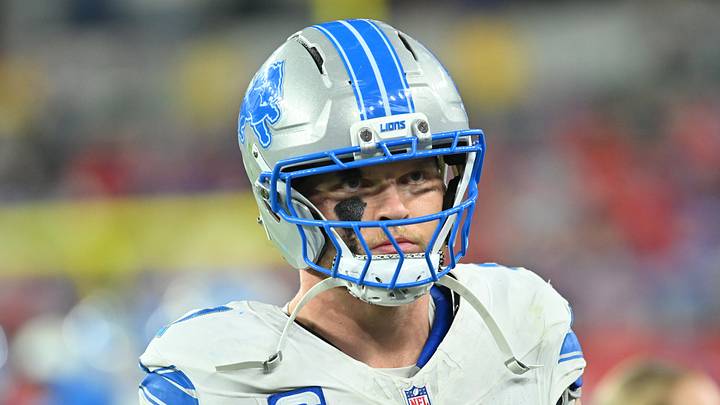 Sep 17, 2026; Orchard Park, New York, USA;  Detroit Lions defensive end Aidan Hutchinson (97) looks on during the second half against the Buffalo Bills at New Highmark Stadium.  Mandatory Credit: Mark Konezny-Imagn Images