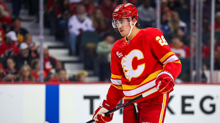 Apr 14, 2026; Calgary, Alberta, CAN; Calgary Flames defenseman Zach Whitecloud (28) against the Colorado Avalanche during the first period at Scotiabank Saddledome. Mandatory Credit: Sergei Belski-Imagn Images