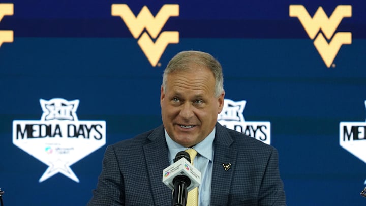 Jul 9, 2025; Frisco, TX, USA; West Virginia head coach Rich Rodriguez speaks with the media during 2025 Big 12 Football Media Days at The Star. Mandatory Credit: Raymond Carlin III-Imagn Images
