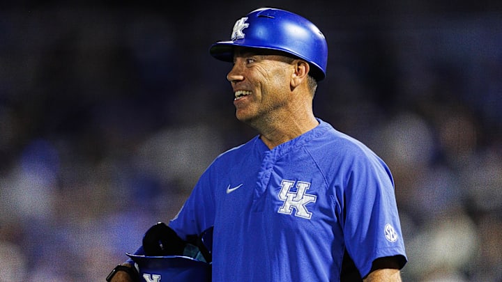 Jun 9, 2024; Lexington, KY, USA; Kentucky Wildcats head coach Nick Mingione during the fourth inning against the Oregon State Beavers at Kentucky Proud Park. Mandatory Credit: Jordan Prather-Imagn Images