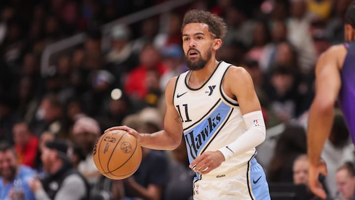 Dec 6, 2024; Atlanta, Georgia, USA; Atlanta Hawks guard Trae Young (11) dribbles against the Los Angeles Lakers in the third quarter at State Farm Arena. Mandatory Credit: Brett Davis-Imagn Images Dec 6, 2024; Atlanta, Georgia, USA; Atlanta Hawks guard Trae Young (11) dribbles against the Los Angeles Lakers in the third quarter at State Farm Arena. Mandatory Credit: Brett Davis-Imagn Images