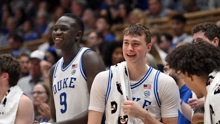 Mar 1, 2025; Durham, North Carolina, USA;  Duke Blue Devils center Khaman Maluach (9) and Duke Blue Devils forward Cooper Flagg (2) react during the second half at Cameron Indoor Stadium. Mandatory Credit: Zachary Taft-Imagn Images
