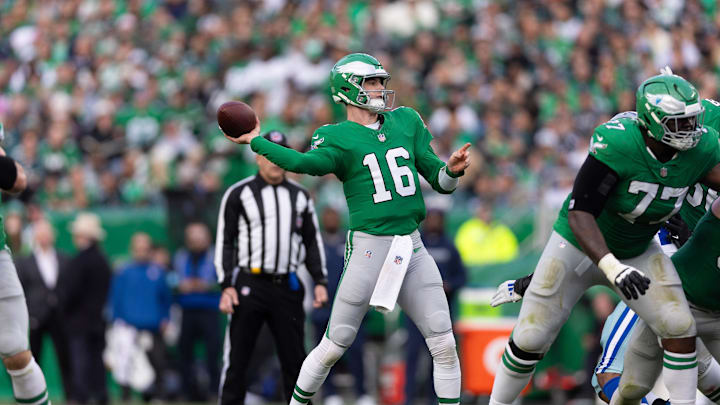 Dec 29, 2024; Philadelphia, Pennsylvania, USA; Philadelphia Eagles quarterback Tanner McKee (16) passes the ball during the third quarter against the Dallas Cowboys at Lincoln Financial Field. Mandatory Credit: Bill Streicher-Imagn Images Dec 29, 2024; Philadelphia, Pennsylvania, USA; Philadelphia Eagles quarterback Tanner McKee (16) passes the ball during the third quarter against the Dallas Cowboys at Lincoln Financial Field. Mandatory Credit: Bill Streicher-Imagn Images
