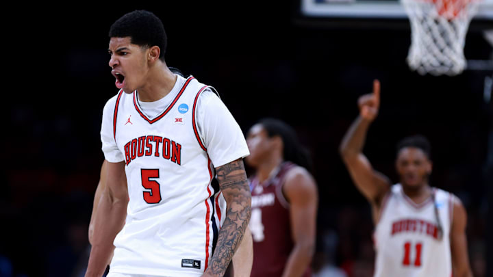 Houston's Chris Cenac Jr. (5) cheers during a second-round game in the NCAA men's basketball tournament between Houston Cougars and Texas A&M Aggies at Paycom Center in Oklahoma City, Saturday March 21, 2026.