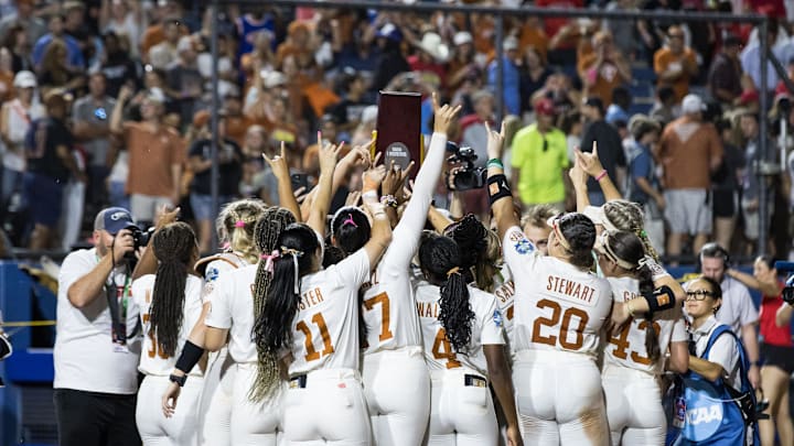 Jun 6, 2025; Oklahoma City, OK, USA;  Texas Longhorns player celebrate after beating the Texas Tech Red Raiders 10-4 to win the National Championship in game three of the NCAA Softball Women's College World Series finals at Devon Park. Mandatory Credit: Brett Rojo-Imagn Images