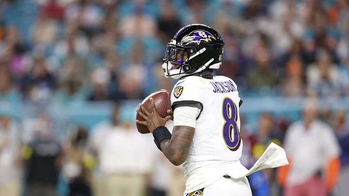 Oct 30, 2025; Miami Gardens, Florida, USA; Baltimore Ravens quarterback Lamar Jackson (8) looks to pass against the Miami Dolphins in the second quarter at Hard Rock Stadium. Mandatory Credit: Nathan Ray Seebeck-Imagn Images