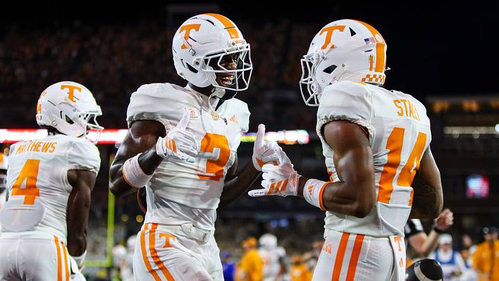 Sep 12, 2026; Atlanta, Georgia, USA; Tennessee Volunteers wide receiver Braylon Staley (14) celebrates with wide receiver Radarious Jackson (3) after a touchdown catch against the Georgia Tech Yellow Jackets in the second quarter at Bobby Dodd Stadium at Hyundai Field. Mandatory Credit: Brett Davis-Imagn Images Sep 12, 2026; Atlanta, Georgia, USA; Tennessee Volunteers wide receiver Braylon Staley (14) celebrates with wide receiver Radarious Jackson (3) after a touchdown catch against the Georgia Tech Yellow Jackets in the second quarter at Bobby Dodd Stadium at Hyundai Field. Mandatory Credit: Brett Davis-Imagn Images