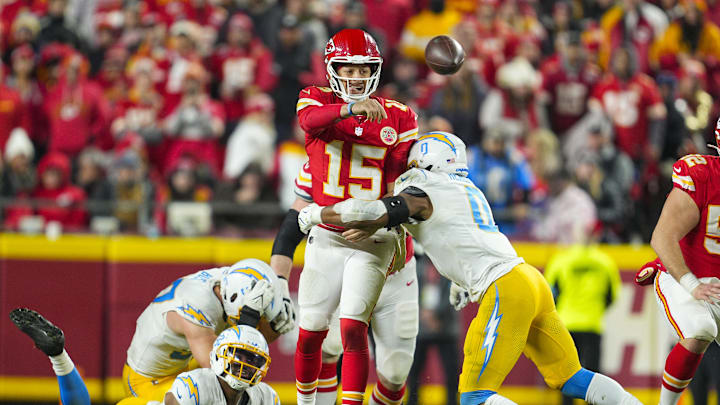 Dec 8, 2024; Kansas City, Missouri, USA; Kansas City Chiefs quarterback Patrick Mahomes (15) throws a pass during the second half against the Los Angeles Chargers at GEHA Field at Arrowhead Stadium. Mandatory Credit: Jay Biggerstaff-Imagn Images