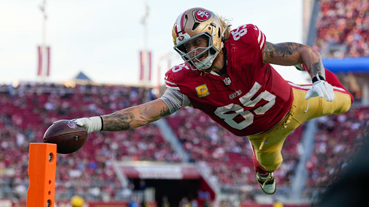 Nov 9, 2025; Santa Clara, California, USA; San Francisco 49ers tight end George Kittle (85) scores a touchdown during the fourth quarter against the Los Angeles Rams at Levi's Stadium. Mandatory Credit: Kyle Terada-Imagn Images