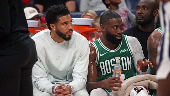 Oct 8, 2025; Memphis, Tennessee, USA; Boston Celtics forward Jayson Tatum (0) and guard Jaylen Brown (7) look on from the bench during the second quarter against the Memphis Grizzlies at FedExForum. Mandatory Credit: Petre Thomas-Imagn Images Oct 8, 2025; Memphis, Tennessee, USA; Boston Celtics forward Jayson Tatum (0) and guard Jaylen Brown (7) look on from the bench during the second quarter against the Memphis Grizzlies at FedExForum. Mandatory Credit: Petre Thomas-Imagn Images