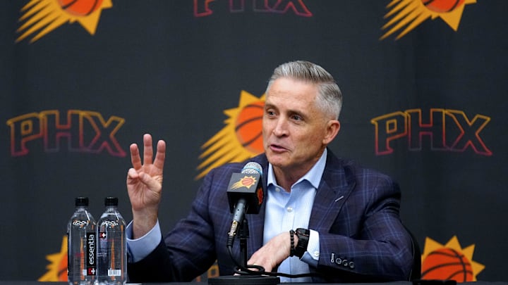 Suns general manager Brian Gregory speaks during his introductory news conference on May 6, 2025, in Phoenix.