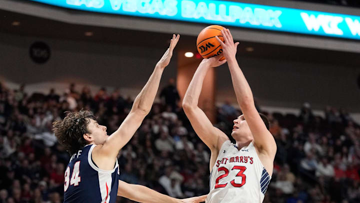 March 11, 2025; Las Vegas, NV, USA; St. Mary's Gaels forward Paulius Murauskas (23) during the first half in the final of the West Coast Conference tournament at Orleans Arena. Mandatory Credit: Kyle Terada-Imagn Images March 11, 2025; Las Vegas, NV, USA; St. Mary's Gaels forward Paulius Murauskas (23) during the first half in the final of the West Coast Conference tournament at Orleans Arena. Mandatory Credit: Kyle Terada-Imagn Images