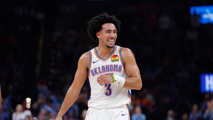 Oct 26, 2026; Oklahoma City, Oklahoma, USA; Oklahoma City Thunder guard Jared McCain (3) laughs after a play against the Phoenix Suns during the second half at Paycom Center. Mandatory Credit: Alonzo Adams-Imagn Images Oct 26, 2026; Oklahoma City, Oklahoma, USA; Oklahoma City Thunder guard Jared McCain (3) laughs after a play against the Phoenix Suns during the second half at Paycom Center. Mandatory Credit: Alonzo Adams-Imagn Images
