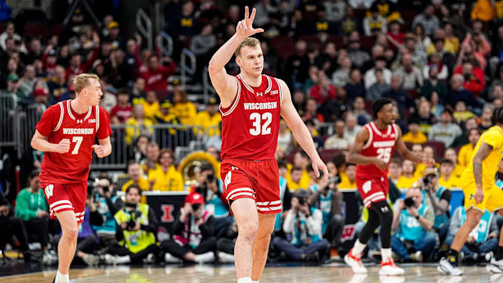 Wisconsin forward Aleksas Bieliauskas (32) celebrates a 3-pointer against Michigan during the first half of Big Ten Tournament semifinal at United Center in Chicago on Saturday, March 14, 2026.