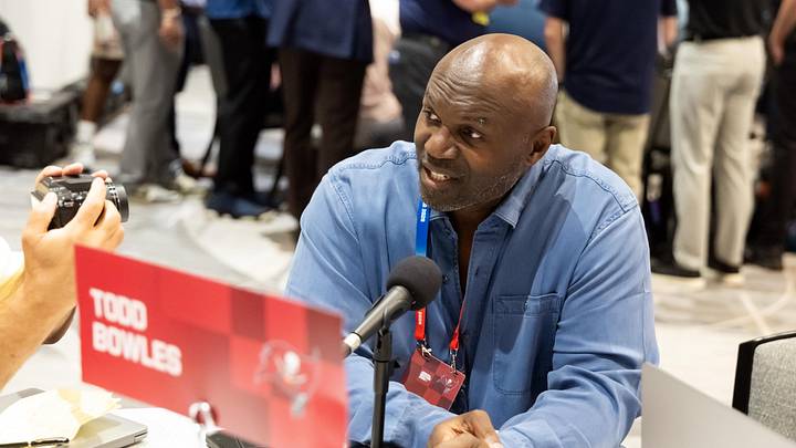 Mar 30, 2026; Phoenix, AZ, USA; Tampa Bay Buccaneers head coach Todd Bowles speaks to reporters and the media during the 2026 NFL Annual League Meeting at the Arizona Biltmore. Mandatory Credit: Mark J. Rebilas-Imagn Images