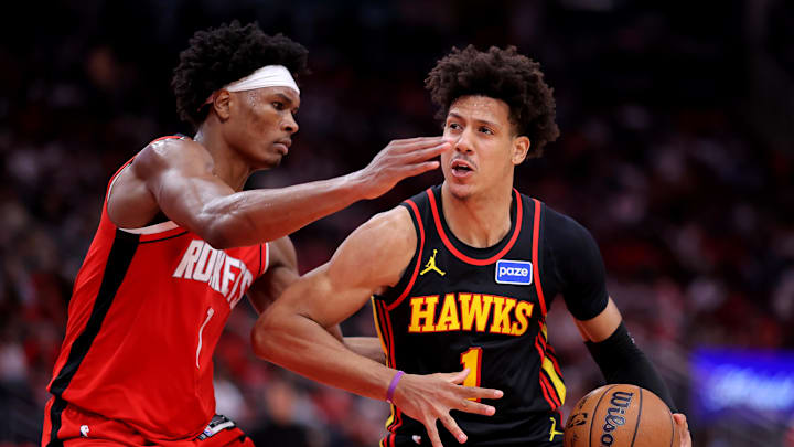 Mar 20, 2026; Houston, Texas, USA; Atlanta Hawks forward Jalen Johnson (1) drives to the basket against Houston Rockets guard Amen Thompson (1) during the fourth quarter at Toyota Center. Mandatory Credit: Erik Williams-Imagn Images Mar 20, 2026; Houston, Texas, USA; Atlanta Hawks forward Jalen Johnson (1) drives to the basket against Houston Rockets guard Amen Thompson (1) during the fourth quarter at Toyota Center. Mandatory Credit: Erik Williams-Imagn Images