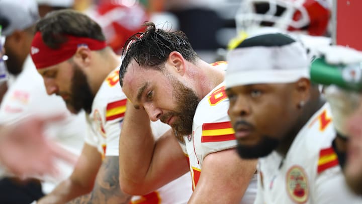 Feb 9, 2025; New Orleans, LA, USA;  Kansas City Chiefs tight end Travis Kelce (87) reacts on the sideline in the third quarter against the Philadelphia Eagles in Super Bowl LIX at Ceasars Superdome. Mandatory Credit: Mark J. Rebilas-Imagn Images