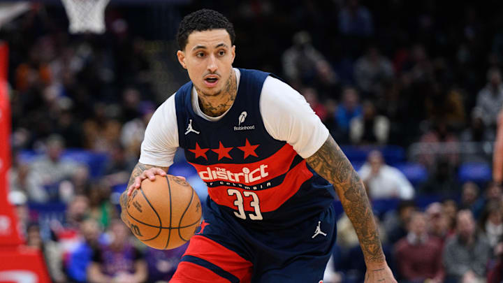 Jan 16, 2025; Washington, District of Columbia, USA; Washington Wizards forward Kyle Kuzma (33) handles the ball during the first quarter against the Phoenix Suns at Capital One Arena. Mandatory Credit: Reggie Hildred-Imagn Images