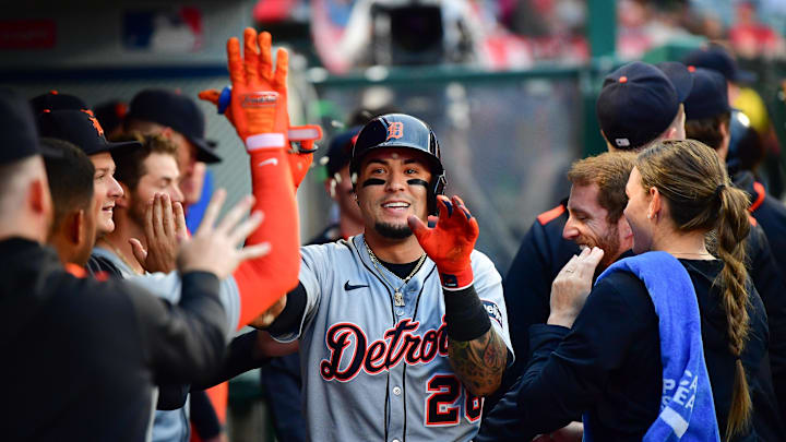 May 1, 2025; Anaheim, California, USA; Detroit Tigers center fielder Javier Baez (28) is greeted after hitting a solo home run against the Los Angeles Angels during the third inning at Angel Stadium. May 1, 2025; Anaheim, California, USA; Detroit Tigers center fielder Javier Baez (28) is greeted after hitting a solo home run against the Los Angeles Angels during the third inning at Angel Stadium.