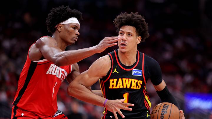 Mar 20, 2026; Houston, Texas, USA; Atlanta Hawks forward Jalen Johnson (1) drives to the basket against Houston Rockets guard Amen Thompson (1) during the fourth quarter at Toyota Center. Mandatory Credit: Erik Williams-Imagn Images Mar 20, 2026; Houston, Texas, USA; Atlanta Hawks forward Jalen Johnson (1) drives to the basket against Houston Rockets guard Amen Thompson (1) during the fourth quarter at Toyota Center. Mandatory Credit: Erik Williams-Imagn Images