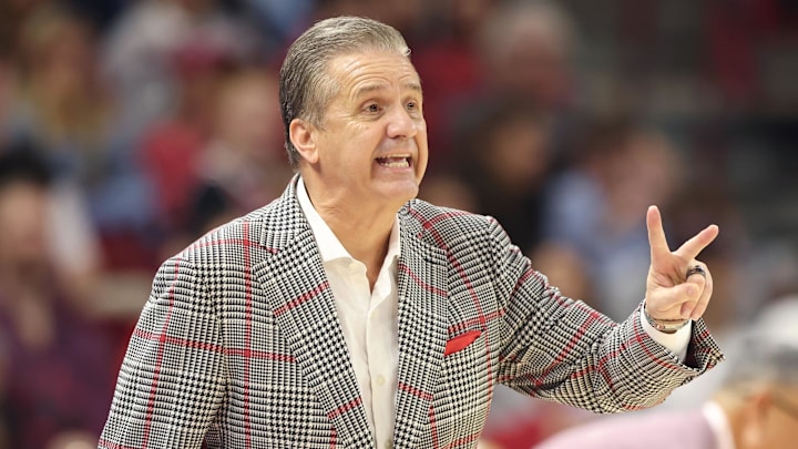 Feb 14, 2026; Fayetteville, Arkansas, USA; Arkansas Razorbacks head coach John Calipari during the second half against the Auburn Tigers at Bud Walton Arena. Mandatory Credit: Nelson Chenault-Imagn Images