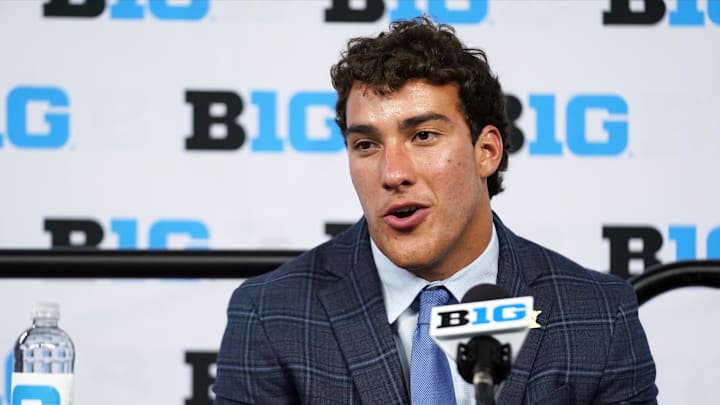 Jul 26, 2022; Indianapolis, IN, USA; Minnesota Golden Gophers linebacker Mariano Sori-Marin talks to the media during Big 10 football media days at Lucas Oil Stadium. Mandatory Credit: Robert Goddin-Imagn Images Jul 26, 2022; Indianapolis, IN, USA; Minnesota Golden Gophers linebacker Mariano Sori-Marin talks to the media during Big 10 football media days at Lucas Oil Stadium. Mandatory Credit: Robert Goddin-Imagn Images