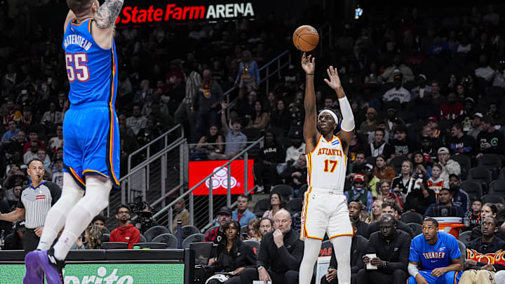 Oct 25, 2025; Atlanta, Georgia, USA; Atlanta Hawks forward Onyeka Okongwu (17) shoots a jump shot against the Oklahoma City Thunder during the first half at State Farm Arena. Mandatory Credit: Dale Zanine-Imagn Images