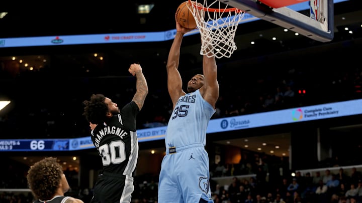 Jan 6, 2026; Memphis, Tennessee, USA; Memphis Grizzlies center Christian Koloko (35) dunks during the third quarter against the San Antonio Spurs at FedExForum. Mandatory Credit: Petre Thomas-Imagn Images