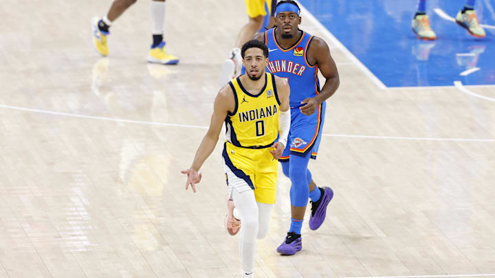Jun 22, 2025; Oklahoma City, Oklahoma, USA: Indiana Pacers guard Tyrese Haliburton (0) reacts after against the Oklahoma City Thunder during the first half of game seven of the 2025 NBA Finals at Paycom Center. Mandatory Credit: Alonzo Adams-Imagn Images Jun 22, 2025; Oklahoma City, Oklahoma, USA: Indiana Pacers guard Tyrese Haliburton (0) reacts after against the Oklahoma City Thunder during the first half of game seven of the 2025 NBA Finals at Paycom Center. Mandatory Credit: Alonzo Adams-Imagn Images