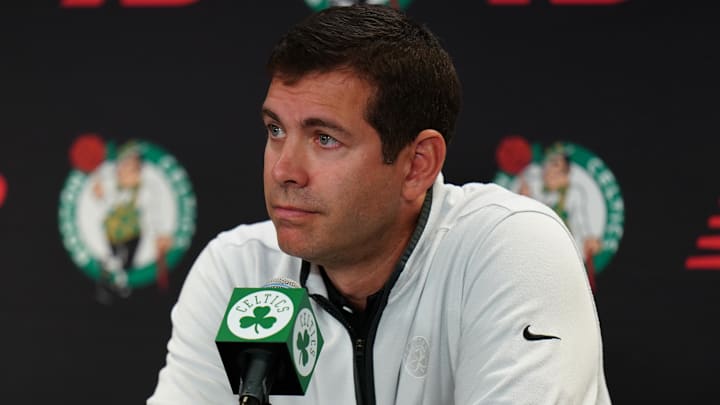 Oct 2, 2023; Boston, Celtics, USA; Boston Celtics president of basketball operations Brad Stevens talks during Boston Celtics Media Day. Mandatory Credit: David Butler II-Imagn Images