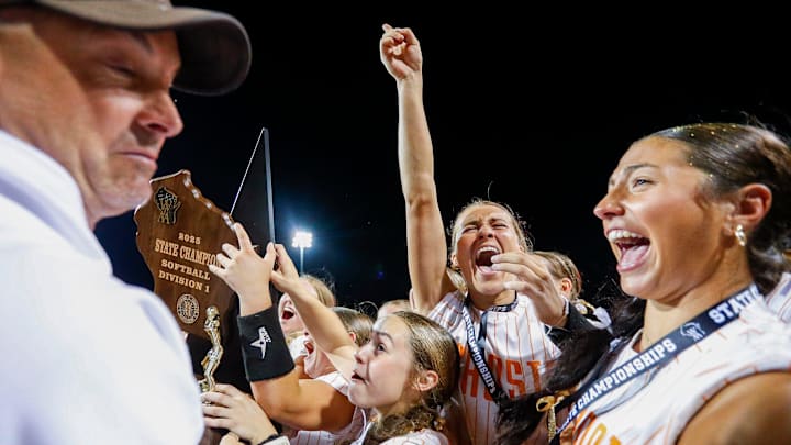 Kaukauna High School's Paige Bodenheimer (19), Karly Meredith (1) and Jozy Ebben (23) celebrate with the state championship trophy after defeating Kenosha Bradford High School during the Division 1 state championship game at the 2025 WIAA state softball tournament on Saturday, June 14, 2025, at Goodman Softball Complex in Madison, Wisconsin. Kaukauna won the game, 1-0.
Tork Mason/USA TODAY NETWORK-Wisconsin