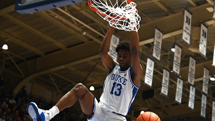 Nov 21, 2023; Durham, North Carolina, USA; Duke Blue Devils forward Sean Stewart (13) dunks during