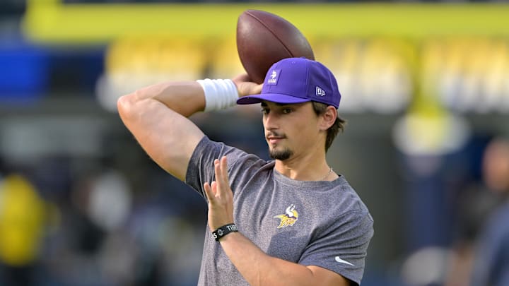 Oct 23, 2025; Inglewood, California, USA;  Minnesota Vikings quarterback Max Brosmer (12) warms up prior to the game against the Los Angeles Chargers at SoFi Stadium. Mandatory Credit: Jayne Kamin-Oncea-Imagn Images