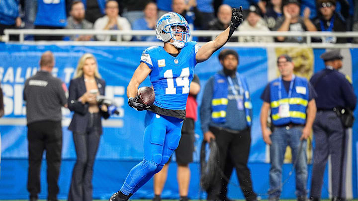 Detroit Lions wide receiver Amon-Ra St. Brown (14) celebrates a touchdown against Jacksonville Jaguars during the first half at Ford Field in Detroit on Sunday, Nov. 17, 2024. Detroit Lions wide receiver Amon-Ra St. Brown (14) celebrates a touchdown against Jacksonville Jaguars during the first half at Ford Field in Detroit on Sunday, Nov. 17, 2024.