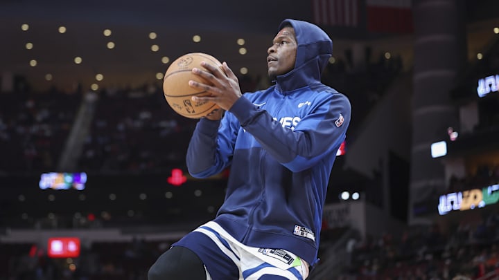 Feb 21, 2025; Houston, Texas, USA; Minnesota Timberwolves guard Anthony Edwards (5) warms up before the game against the Houston Rockets at Toyota Center. Mandatory Credit: Troy Taormina-Imagn Images