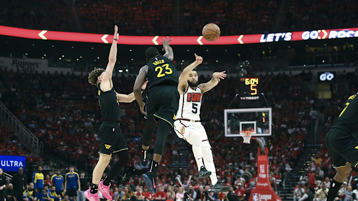 May 4, 2025; Houston, Texas, USA; Houston Rockets guard Fred VanVleet (5) passes the ball during game seven of the first round for the 2025 NBA Playoffs against the Golden State Warriors at Toyota Center. Mandatory Credit: Troy Taormina-Imagn Images May 4, 2025; Houston, Texas, USA; Houston Rockets guard Fred VanVleet (5) passes the ball during game seven of the first round for the 2025 NBA Playoffs against the Golden State Warriors at Toyota Center. Mandatory Credit: Troy Taormina-Imagn Images