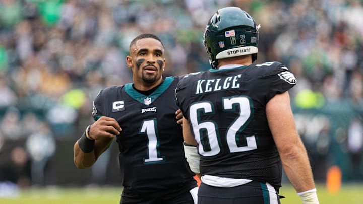 Philadelphia Eagles quarterback Jalen Hurts and center Jason Kelce.