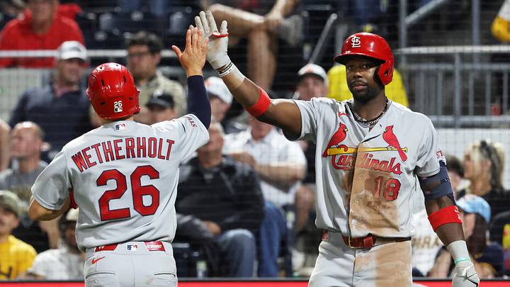Apr 28, 2026; Pittsburgh, Pennsylvania, USA; St. Louis Cardinals second baseman JJ Wetherholt (26) celebrates scoring a run with right fielder Jordan Walker (18) against the Pittsburgh Pirates during the eighth inning at PNC Park. Mandatory Credit: Charles LeClaire-Imagn Images Apr 28, 2026; Pittsburgh, Pennsylvania, USA; St. Louis Cardinals second baseman JJ Wetherholt (26) celebrates scoring a run with right fielder Jordan Walker (18) against the Pittsburgh Pirates during the eighth inning at PNC Park. Mandatory Credit: Charles LeClaire-Imagn Images