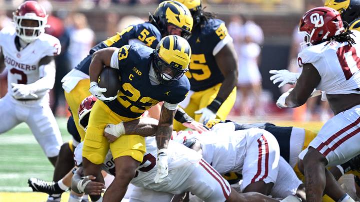 Sep 12, 2026; Ann Arbor, Michigan, USA; Michigan Wolverines running back Jordan Marshall (23) carries the ball against the Oklahoma Sooners during the third quarter at Michigan Stadium. Mandatory Credit: Lon Horwedel-Imagn Images Sep 12, 2026; Ann Arbor, Michigan, USA; Michigan Wolverines running back Jordan Marshall (23) carries the ball against the Oklahoma Sooners during the third quarter at Michigan Stadium. Mandatory Credit: Lon Horwedel-Imagn Images