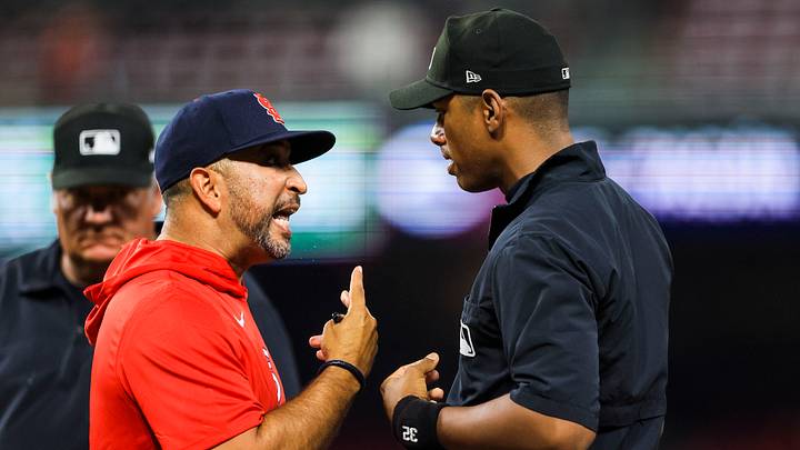 Aug 17, 2026; Cincinnati, Ohio, USA; St. Louis Cardinals manager Oliver Marmol (37) talks with first base umpire Edwin Moscoso (32) after a call in the tenth inning in the game against the Cincinnati Reds at Great American Ball Park. Mandatory Credit: Katie Stratman-Imagn Images Aug 17, 2026; Cincinnati, Ohio, USA; St. Louis Cardinals manager Oliver Marmol (37) talks with first base umpire Edwin Moscoso (32) after a call in the tenth inning in the game against the Cincinnati Reds at Great American Ball Park. Mandatory Credit: Katie Stratman-Imagn Images