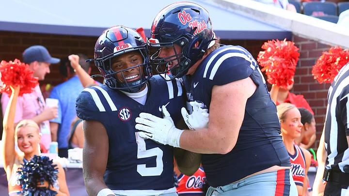 Mississippi Rebels offensive lineman Patrick Kutas (75) reacts with running back Kewan Lacy. Credit: Petre Thomas-Imagn Images Mississippi Rebels offensive lineman Patrick Kutas (75) reacts with running back Kewan Lacy. Credit: Petre Thomas-Imagn Images