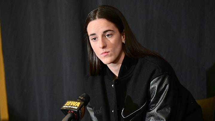 Former Iowa player Caitlin Clark answers questions during a press conference on February 2, 2025.