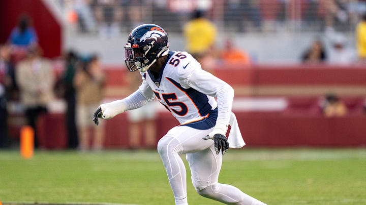August 19, 2023; Santa Clara, California, USA; Denver Broncos linebacker Frank Clark (55) during the