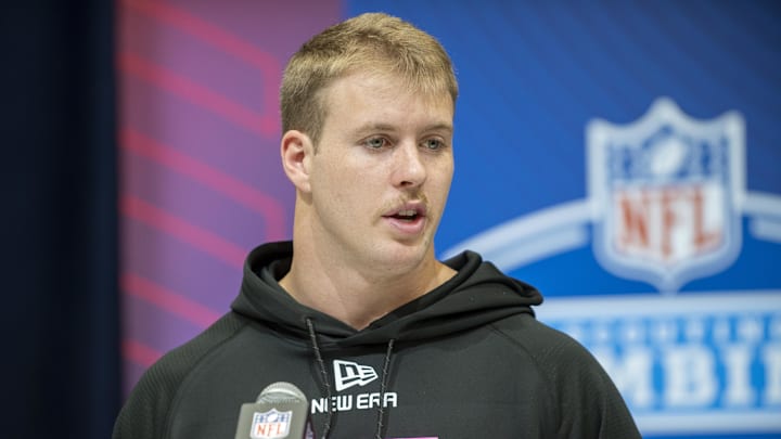 Feb 27, 2025; Indianapolis, IN, USA; Wisconsin defensive back Hunter Wohler (DB55) during the 2025 NFL Combine at Lucas Oil Stadium.