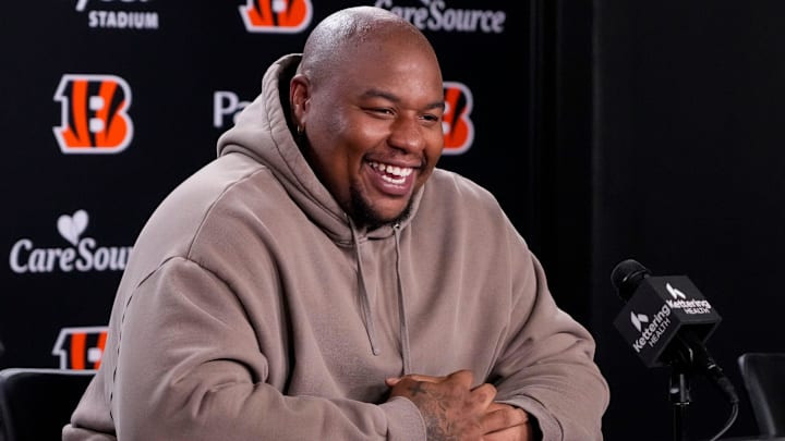 Newly signed Cincinnati Bengals defense tackle Dexter Lawrence speaks in a press conference for the first time since joining the team at Paycor Stadium in Cincinnati on Monday, April 20, 2026.