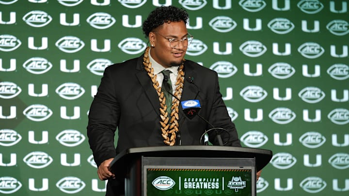 Jul 22, 2025; Charlotte, NC, USA; Miami offensive lineman Francis Mauigoa, Jr answers questions from the media during ACC Media Days at Hilton Charlotte Uptown. Mandatory Credit: Jim Dedmon-Imagn Images