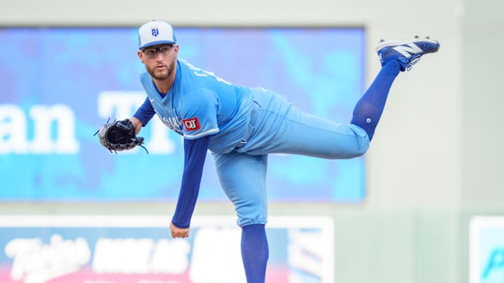 Aug 9, 2025; Minneapolis, Minnesota, USA; Kansas City Royals starting pitcher Noah Cameron (65) throws a pitch against the Minnesota Twins in the first inning at Target Field. Mandatory Credit: Matt Blewett-Imagn Images