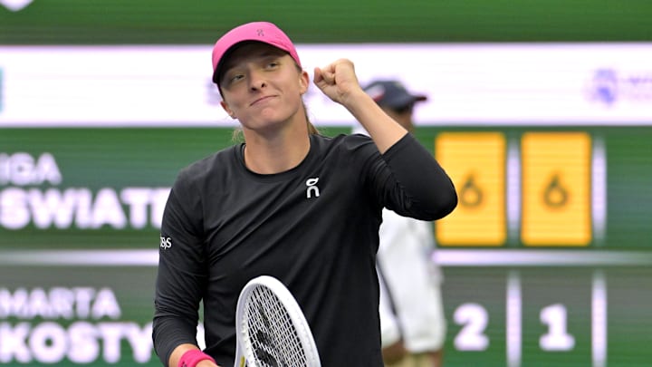 Mar 15, 2024; Indian Wells, CA, USA; Iga Swiatek (POL) reacts at match point as she defeated Marta Kostyuk (UKR) in her semi-final match in the BNP Open at the Indian Wells Tennis Garden. Mandatory Credit: Jayne Kamin-Oncea-Imagn Images Mar 15, 2024; Indian Wells, CA, USA; Iga Swiatek (POL) reacts at match point as she defeated Marta Kostyuk (UKR) in her semi-final match in the BNP Open at the Indian Wells Tennis Garden. Mandatory Credit: Jayne Kamin-Oncea-Imagn Images