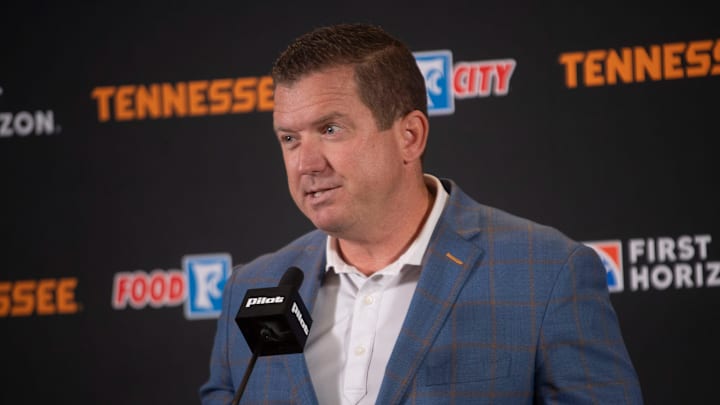 Tennessee athletics director Danny White announces a multi-year branding partnership with Pilot for Neyland Stadium on Tuesday, Aug. 13, 2024.